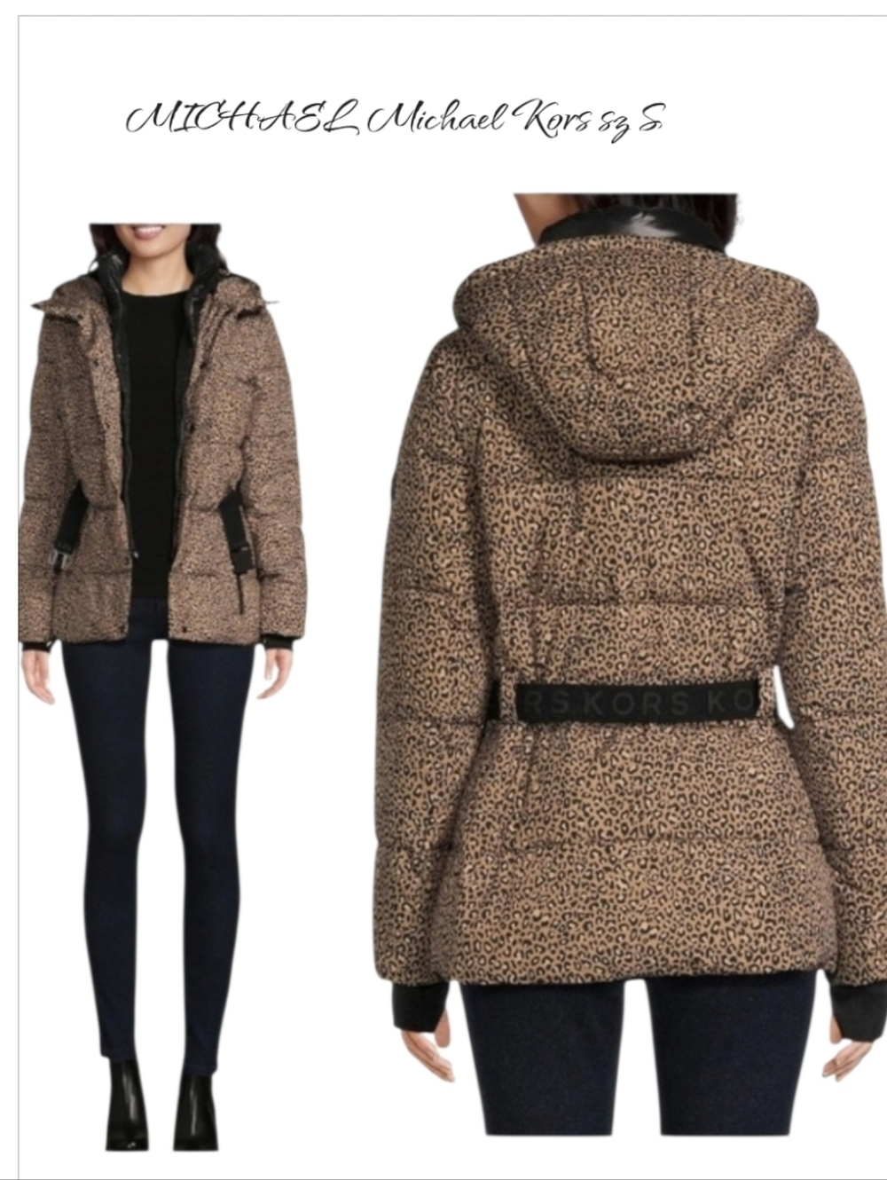 Michael Kors Leopard Print Belted Hooded Puffer Coat NWT Size S